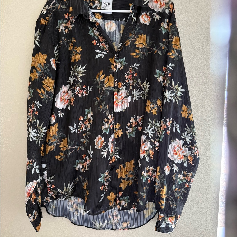 Zara Black Floral Button Down Shirt
